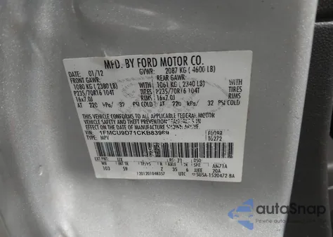 2012 Ford Escape Xlt from USA, damaged, VIN 1FMCU9D71CKB83989